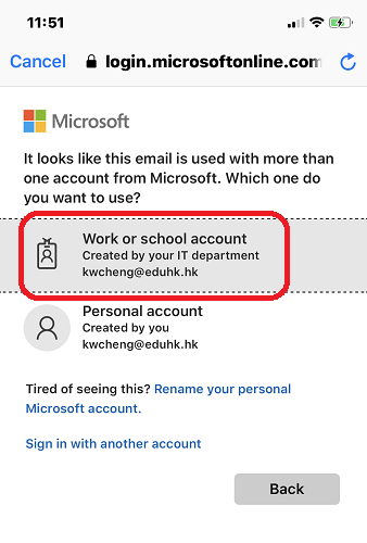 Choose Work or School as account type