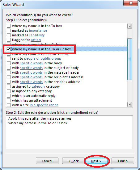 Set rule procedure -- where my name is in the To or Cc box