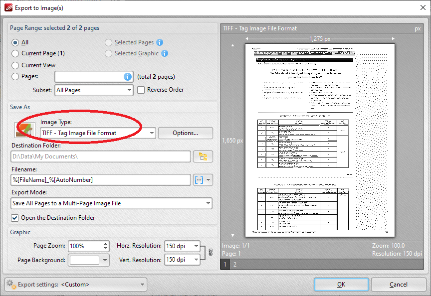 Choose TIFF as file type