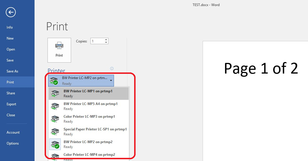 Illustration of printer drop-down list box