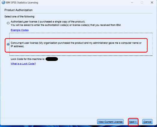 Illustration of the SPSS installation license type screen