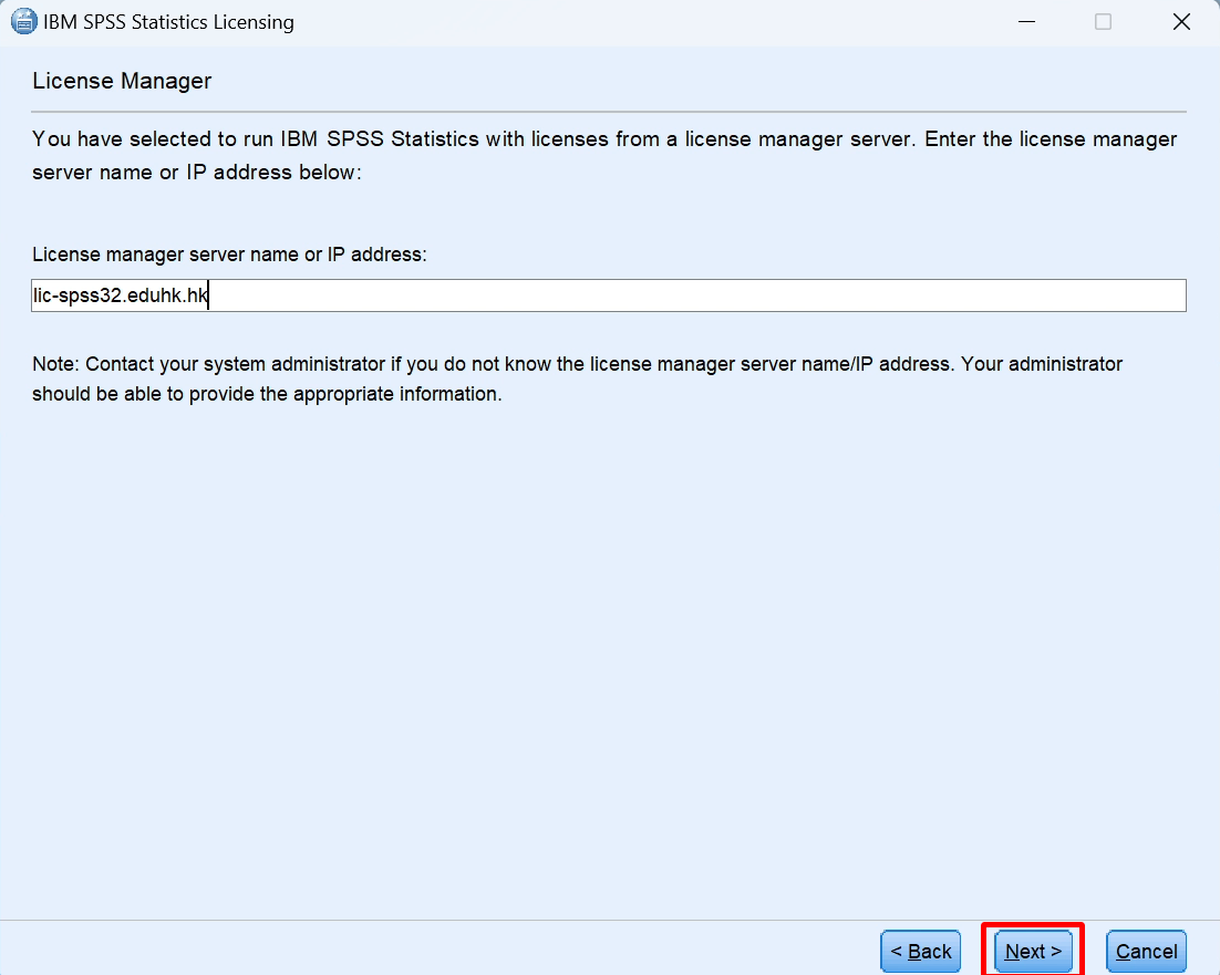 Illustration of the SPSS installation - enter server name screen