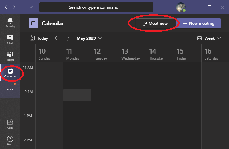Launch Teams instant meeting using the calendar meet now button
