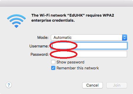 The image illustrate how to connect to campus Wi-Fi network on Mac OS