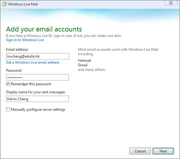 Windows Live Mail setup